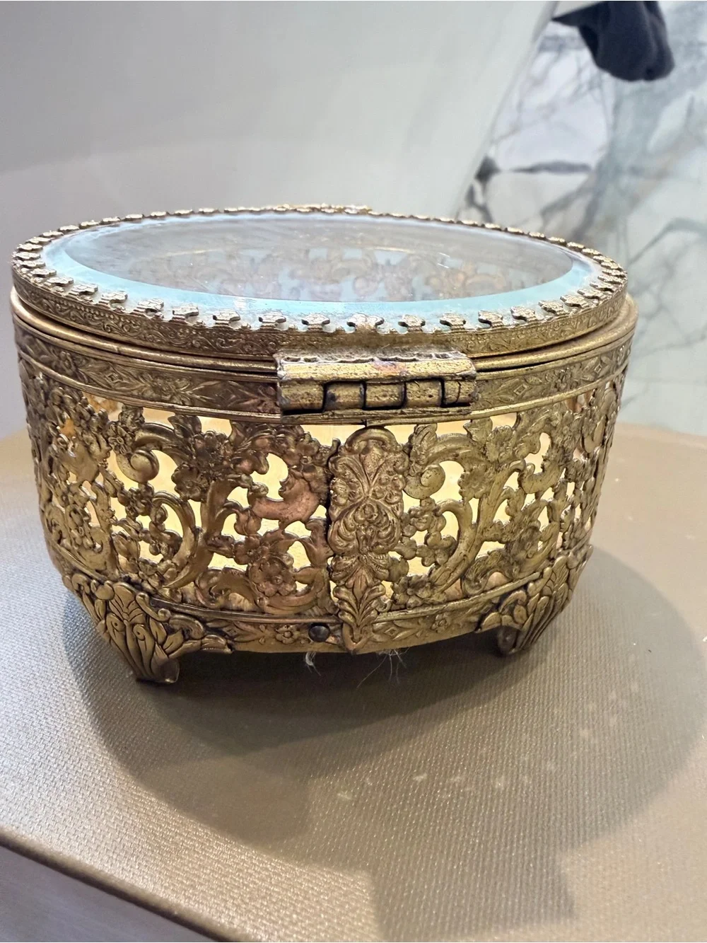 Vintage Ormolu Filigree Jewelry Casket Beveled Glass Hollywood Regency